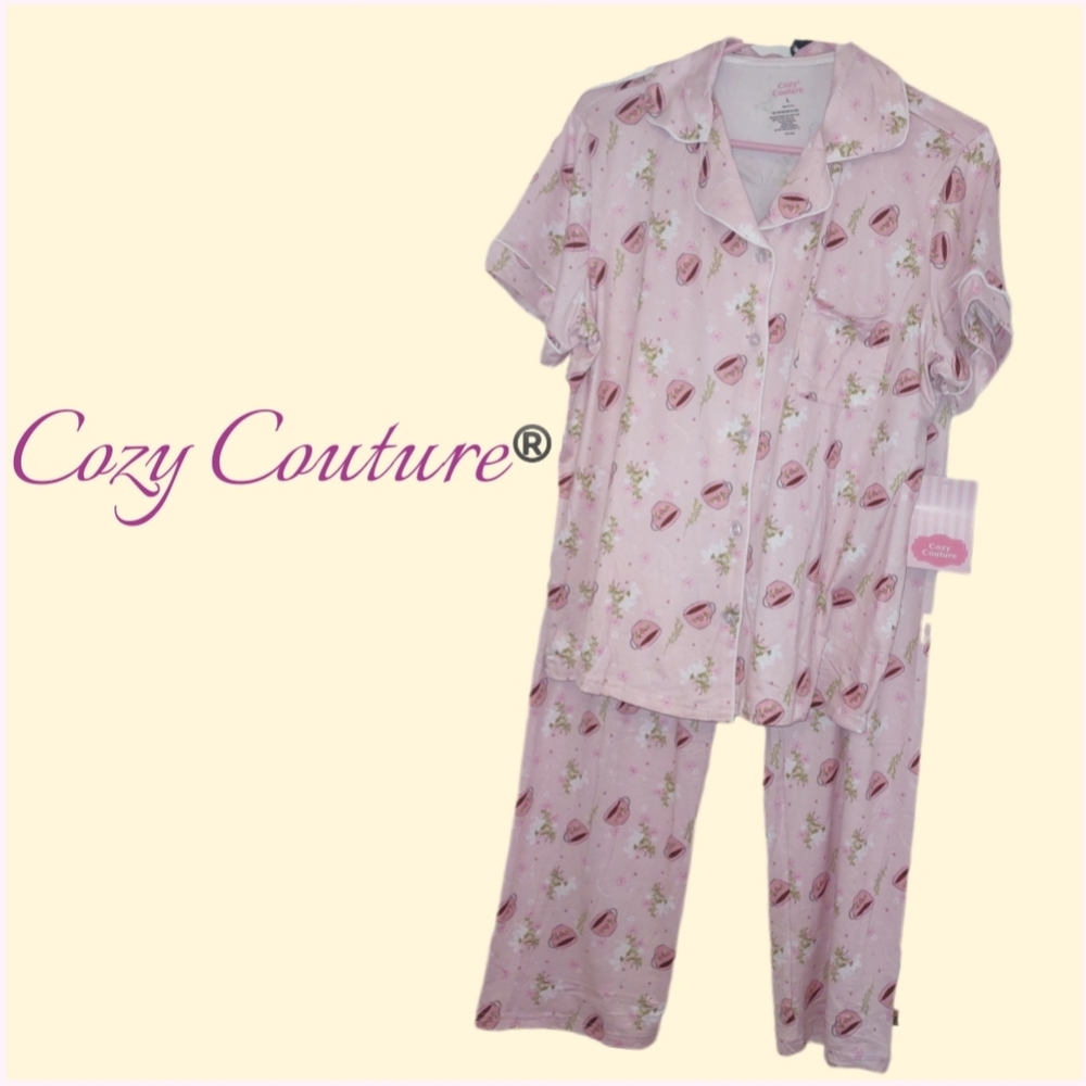 Cozy Light Pink 2-pc PJ Set of 2 Tea Party Theme NWT